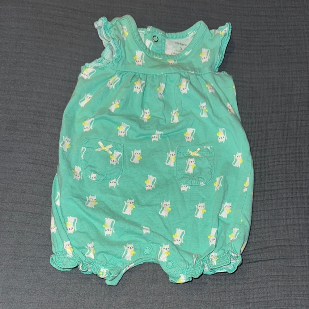 Adorable Teal Baby Romper with Cat Print